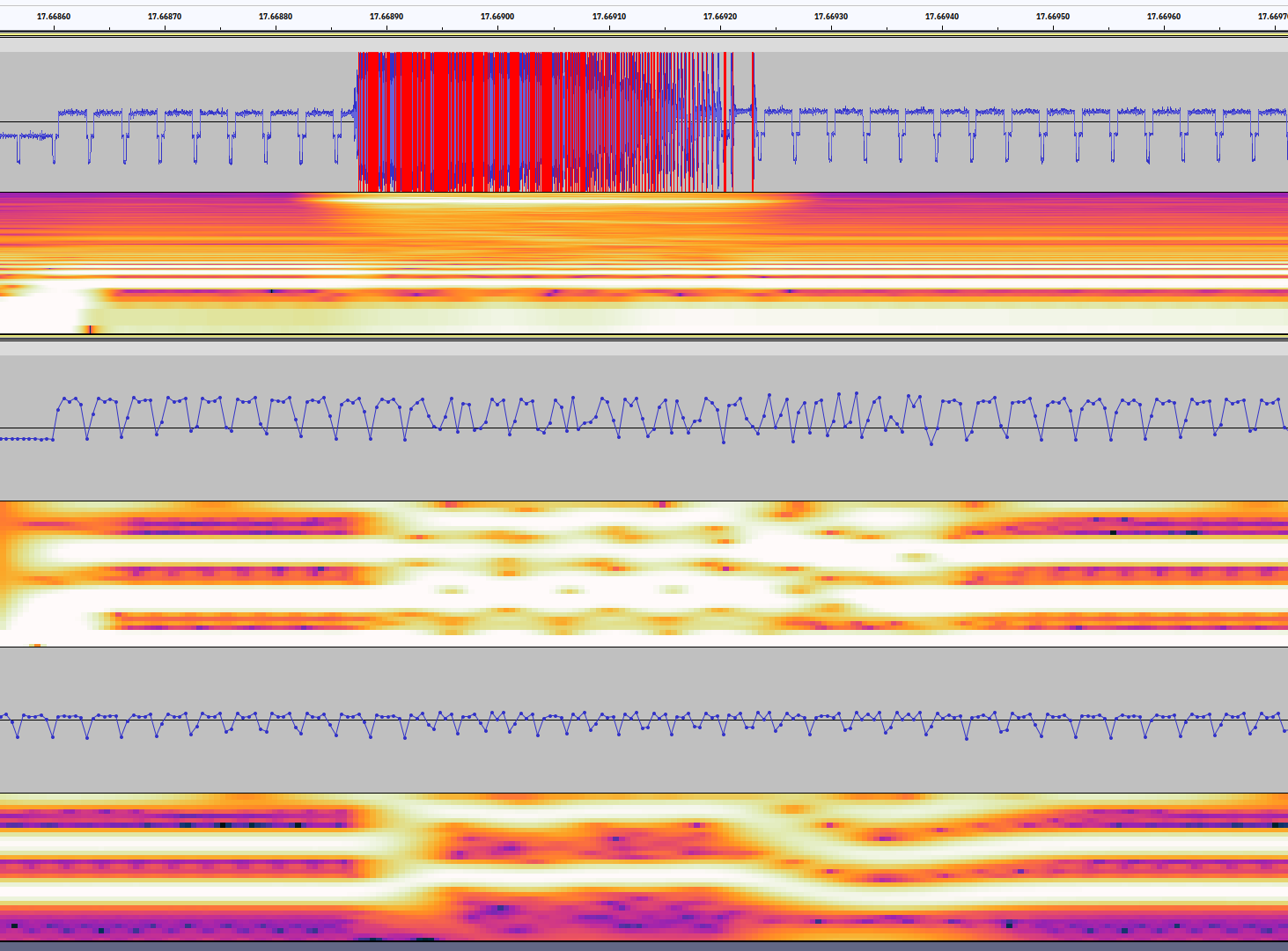 Screenshot of Wii's luma signal and GBS-C's VGA blue and hsync lines, with a spectrogram showing high-frequency luma noise shortly before output hsync frequency increases.